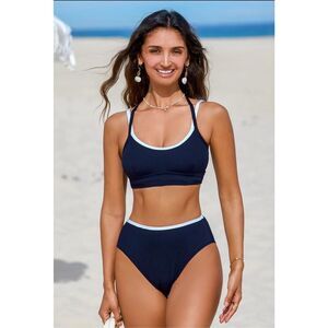 Cupshe Blue and White Strappy Ribbed High Cut Bikini Size Medium New